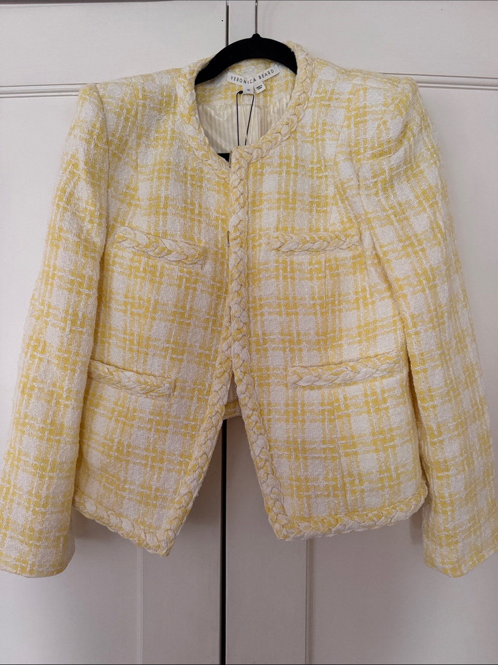 Veronica Beard Yellow & White Tweed Braided-Trim Blazer